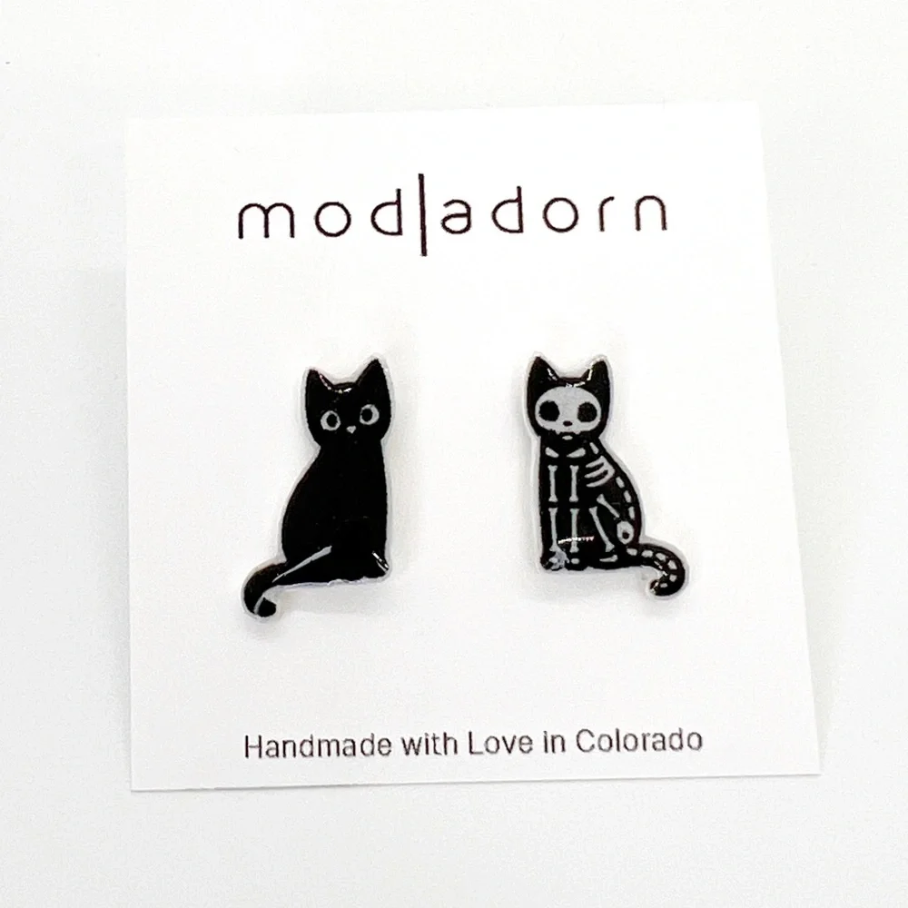 Handmade Halloween Skeleton Kitty Cat Stud Earrings Spooky Fall Season - Picture 2 of 4